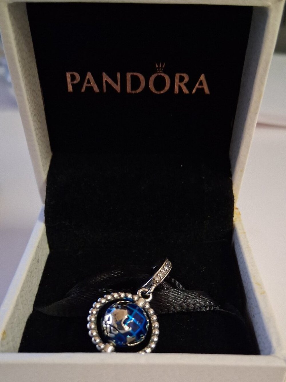 Pandora Sterling Silver Globe Dangle Charm – Blue Enamel & Clear CZ New